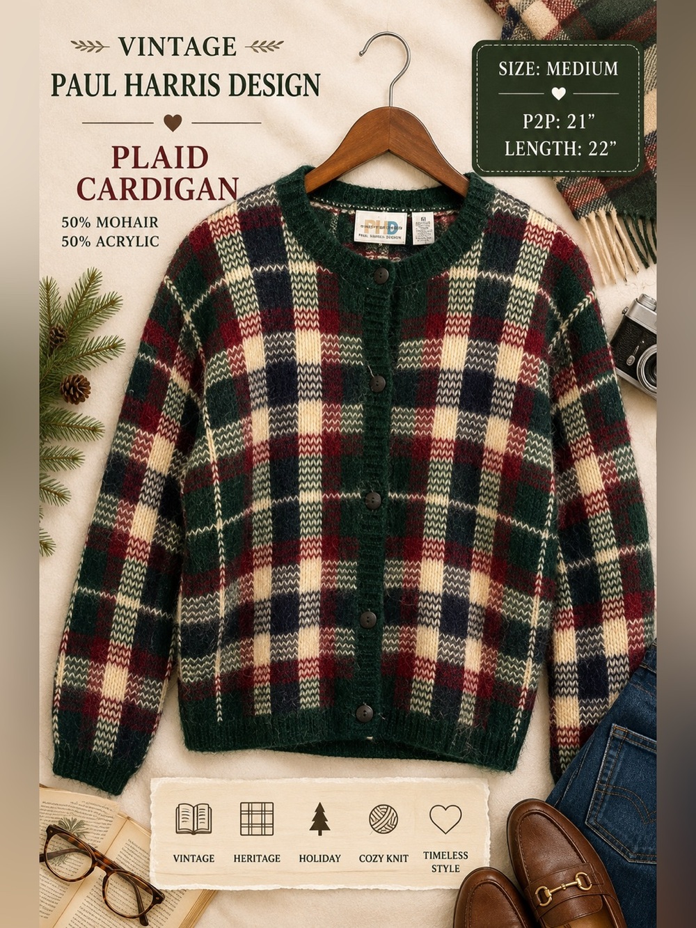 Vintage Paul Harris Design Plaid Mohair Wool Cardigan Sweater Green Red M